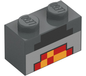 LEGO Dark Stone Gray Brick 1 x 2 with Minecraft Black, Red, and Yellow Blocks with Bottom Tube (3004 / 37228)