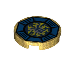 LEGO Pearl Gold Tile 2 x 2 Round with Airjitzu Lightning Symbol in Blue Octagon Pattern with Bottom Stud Holder (14769 / 21289)